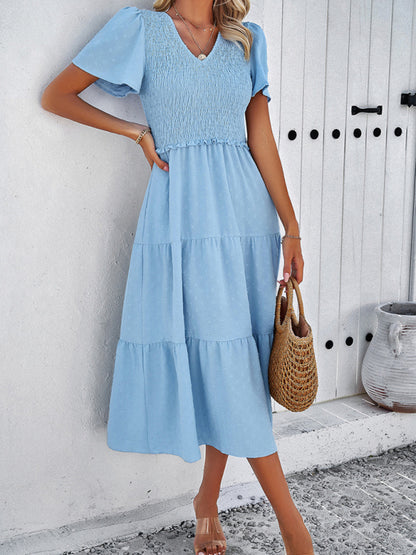 Women's casual solid color V-neck polka dot short-sleeved dress