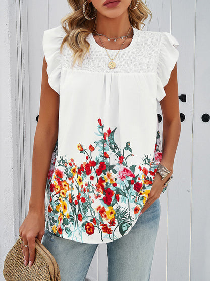 Temperamental casual printed round neck ruffle top