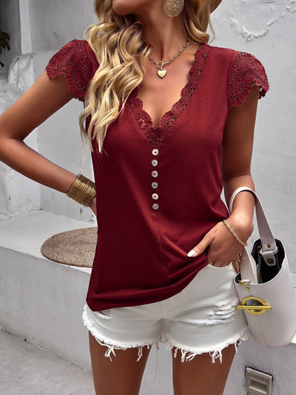 Women's V-neck patchwork lace sleeves knitted top