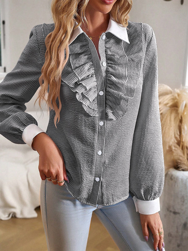 Women's commuter lapel lace patchwork long-sleeved blouse