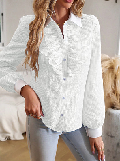 Women's commuter lapel lace patchwork long-sleeved blouse