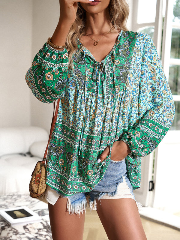 Women's bohemian printed lace-up blouse