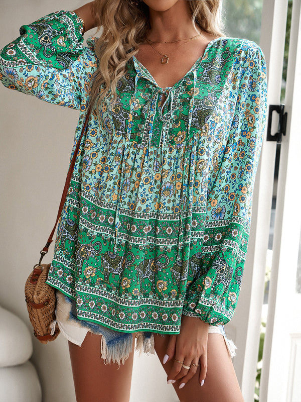 Women's bohemian printed lace-up blouse