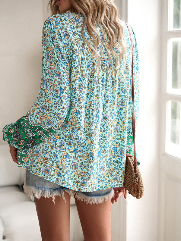 Women's bohemian printed lace-up blouse