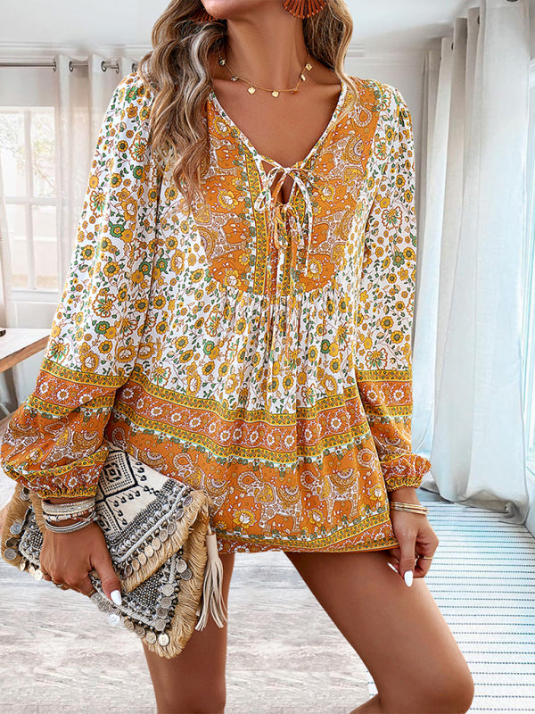 Women's bohemian printed lace-up blouse