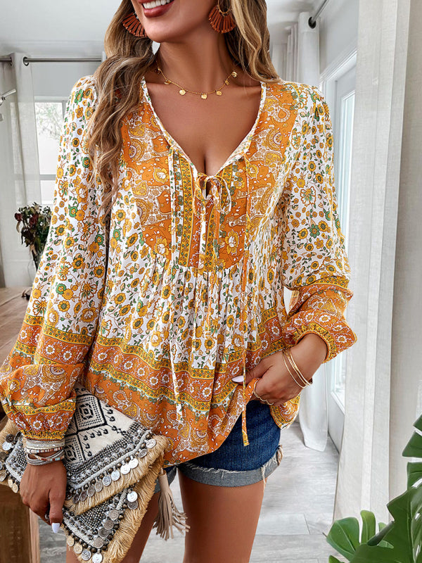 Women's bohemian printed lace-up blouse