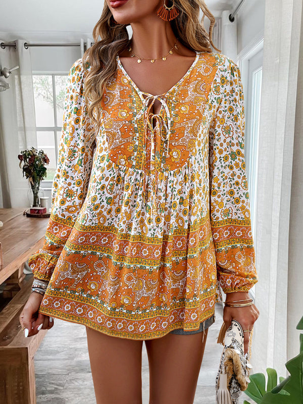 Women's bohemian printed lace-up blouse