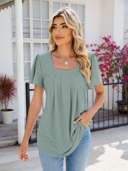 Women's Square Neck Bell Sleeve Pleated Short Sleeve Loose T-Shirt