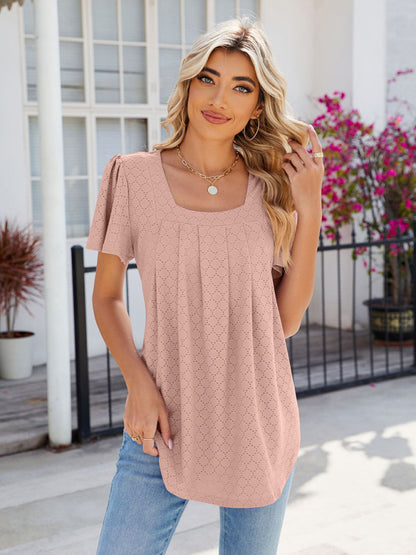 Women's Square Neck Bell Sleeve Pleated Short Sleeve Loose T-Shirt