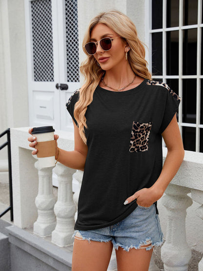 Women's round neck short-sleeved leopard print pocket casual T-shirt