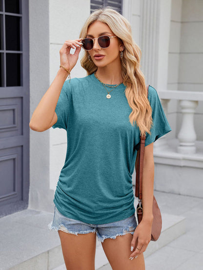 Women's round neck pleated solid color short-sleeved loose T-shirt top