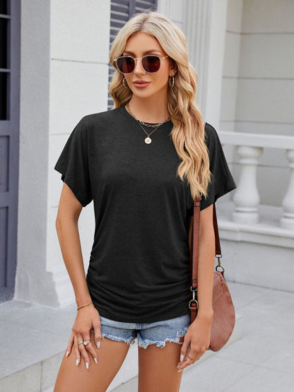 Women's round neck pleated solid color short-sleeved loose T-shirt top