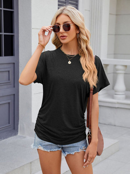 Women's round neck pleated solid color short-sleeved loose T-shirt top