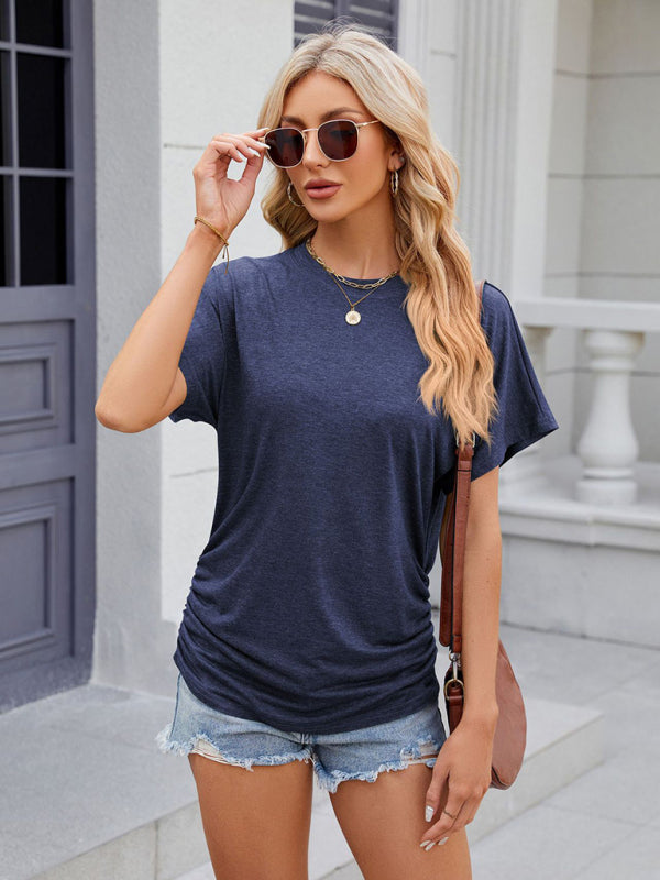 Women's round neck pleated solid color short-sleeved loose T-shirt top