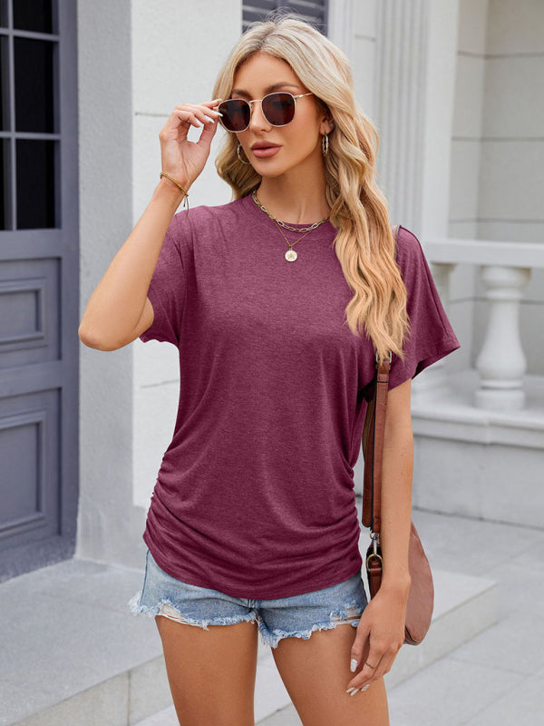 Women's round neck pleated solid color short-sleeved loose T-shirt top