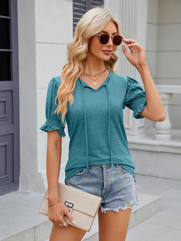 Women's V-neck drawstring pleated solid color short-sleeved loose T-shirt