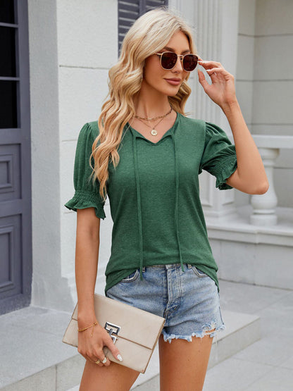 Women's V-neck drawstring pleated solid color short-sleeved loose T-shirt