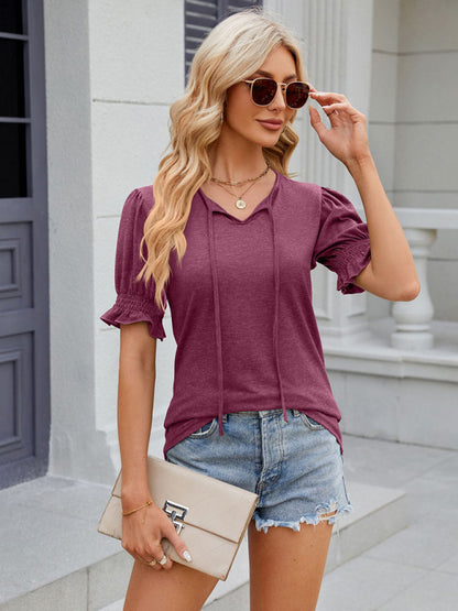 Women's V-neck drawstring pleated solid color short-sleeved loose T-shirt