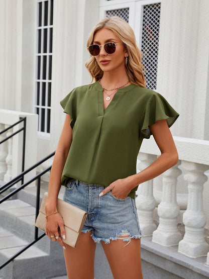 V-neck flying sleeve solid color short-sleeved chiffon loose top