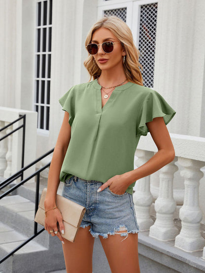 V-neck flying sleeve solid color short-sleeved chiffon loose top