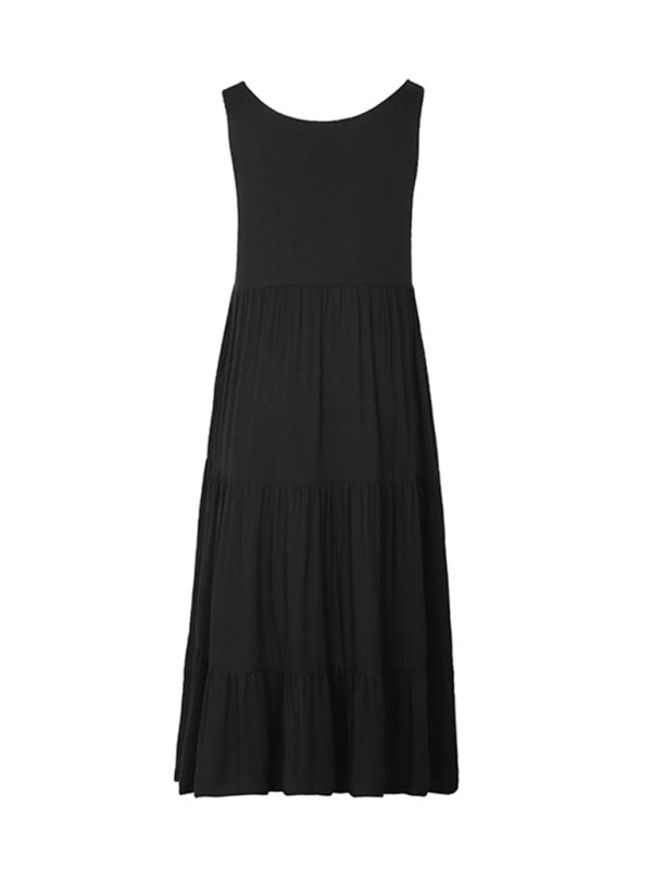 Women's new black suspender mid-length dress