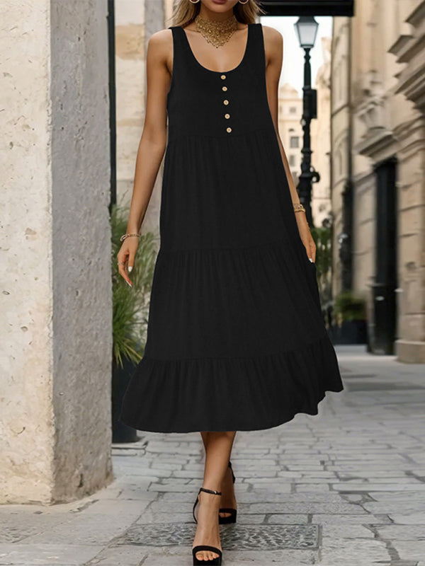 Women's new black suspender mid-length dress