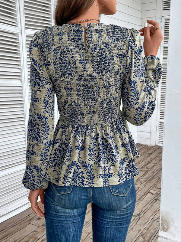 Ladies New Round Neck Elegant Slim Long Sleeve Print