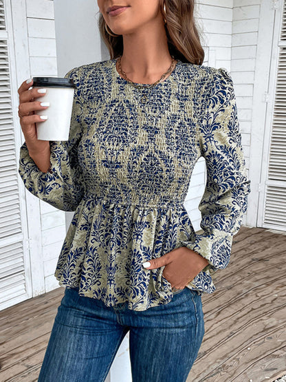 Ladies New Round Neck Elegant Slim Long Sleeve Print