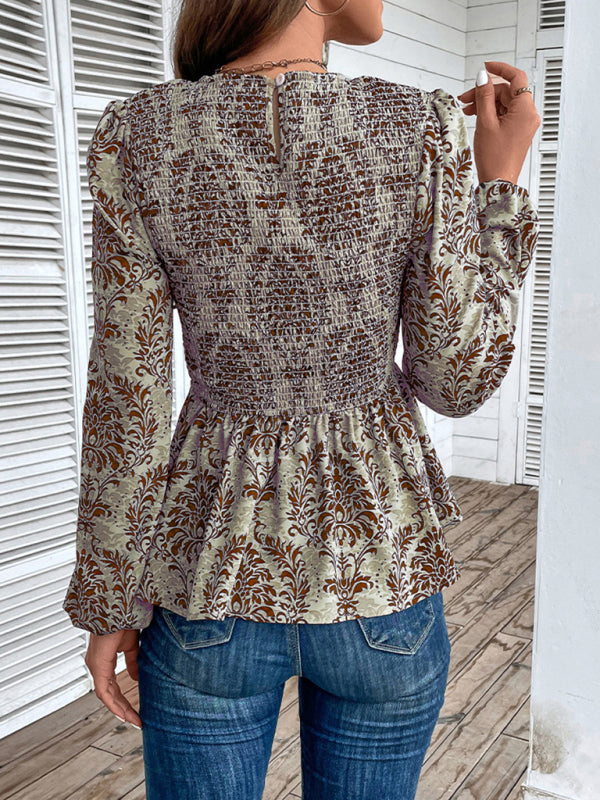 Ladies New Round Neck Elegant Slim Long Sleeve Print