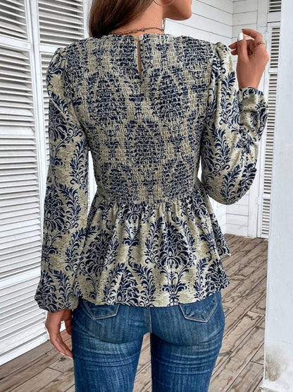 Ladies New Round Neck Elegant Slim Long Sleeve Print