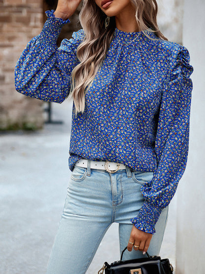 Women's printed turtleneck puff sleeve top blouse