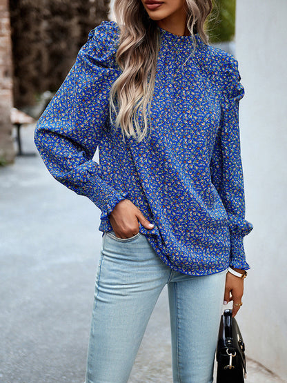 Women's printed turtleneck puff sleeve top blouse