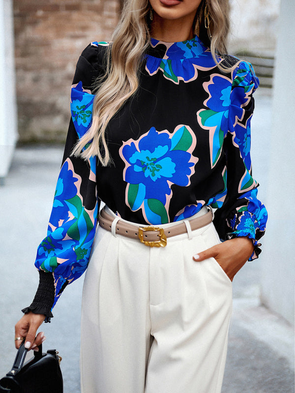 Women's printed turtleneck puff sleeve top blouse