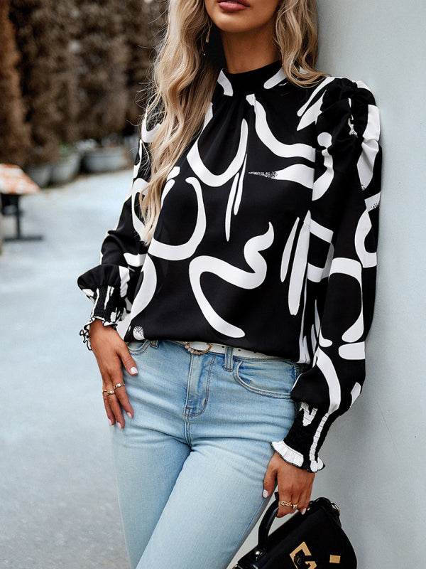 Women's printed turtleneck puff sleeve top blouse