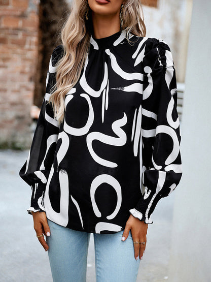 Women's printed turtleneck puff sleeve top blouse