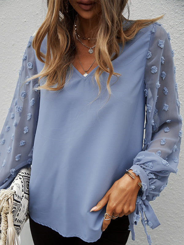 Women's elegant V-neck puff sleeve shirt