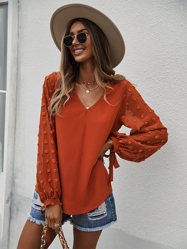 Women's elegant V-neck puff sleeve shirt