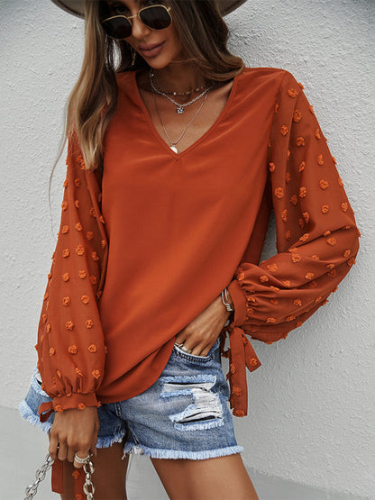 Women's elegant V-neck puff sleeve shirt