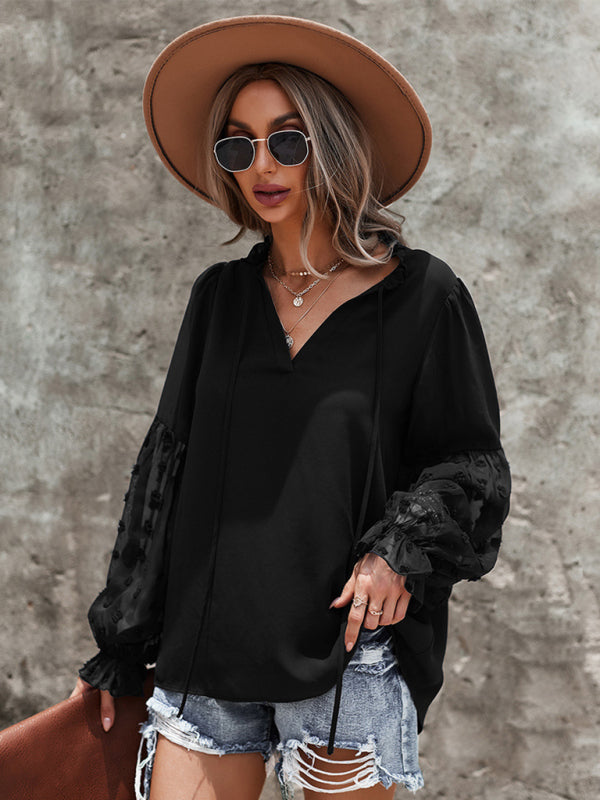 Women's Elegant Lace Stand Collar Puff Sleeve Shirt