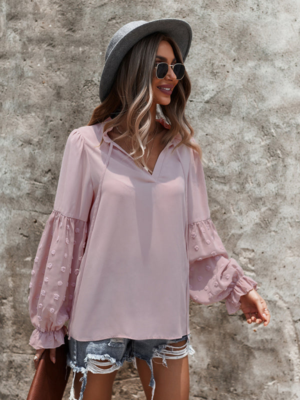 Women's Elegant Lace Stand Collar Puff Sleeve Shirt