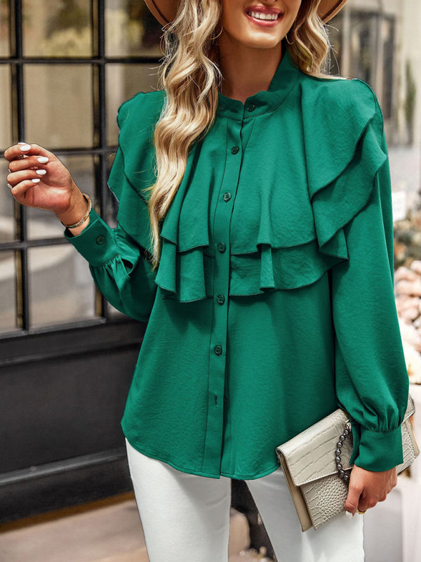 Women's Elegant Ruffled Stand-Collar Button-Down Shirt