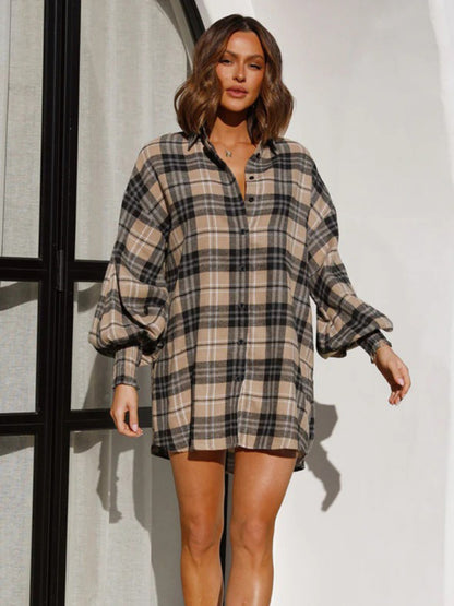 New comfortable plaid lantern sleeve long sleeve shirt