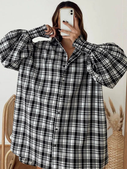 New comfortable plaid lantern sleeve long sleeve shirt