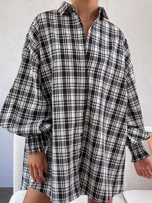 New comfortable plaid lantern sleeve long sleeve shirt