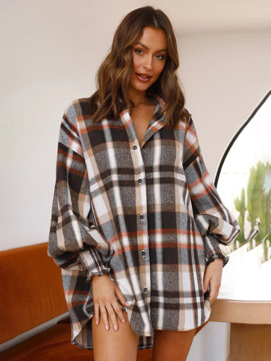 New comfortable plaid lantern sleeve long sleeve shirt