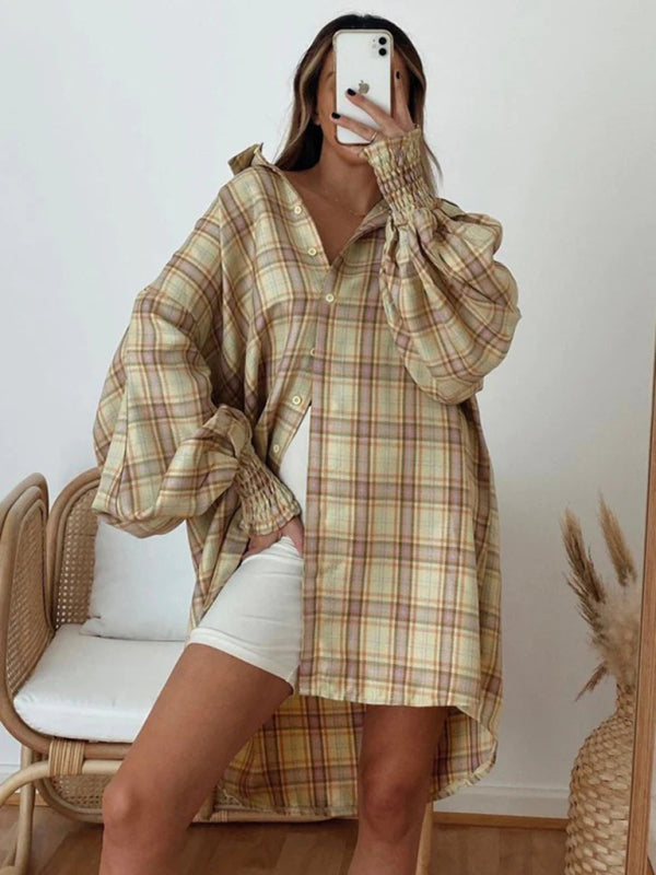 New comfortable plaid lantern sleeve long sleeve shirt