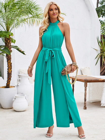 Women's solid color halterneck strappy jumpsuit