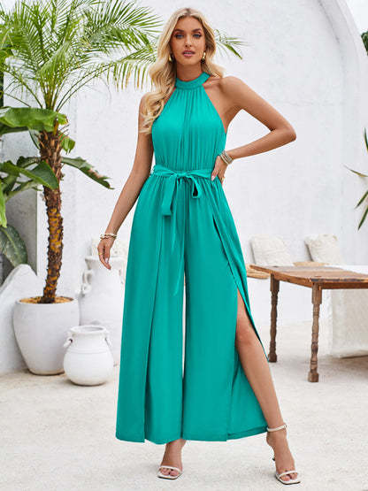 Women's solid color halterneck strappy jumpsuit