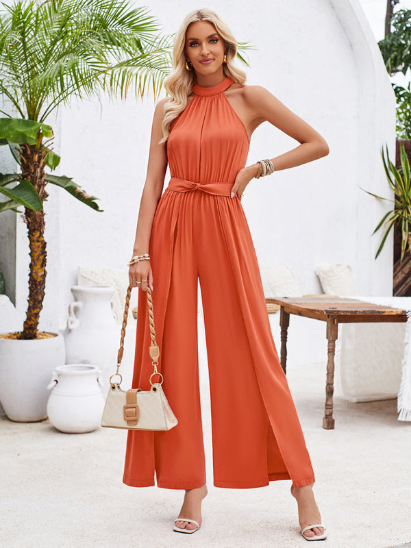 Women's solid color halterneck strappy jumpsuit