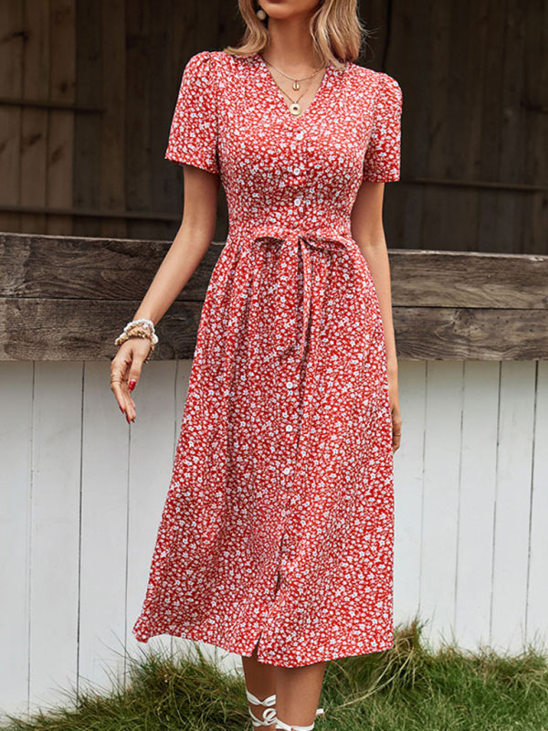 New women's v-neck floral slit short-sleeved dress